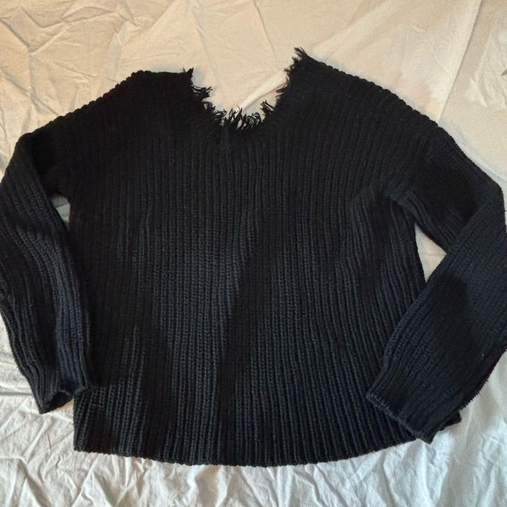 525 America‎ Black Distressed V-Neck Shaker Knit Cotton Sweater XS Pullover